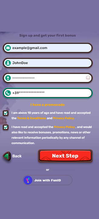 Processo di registrazione di 5Gringos su smartphone Processo di registrazione di 5Gringos su smartphone
